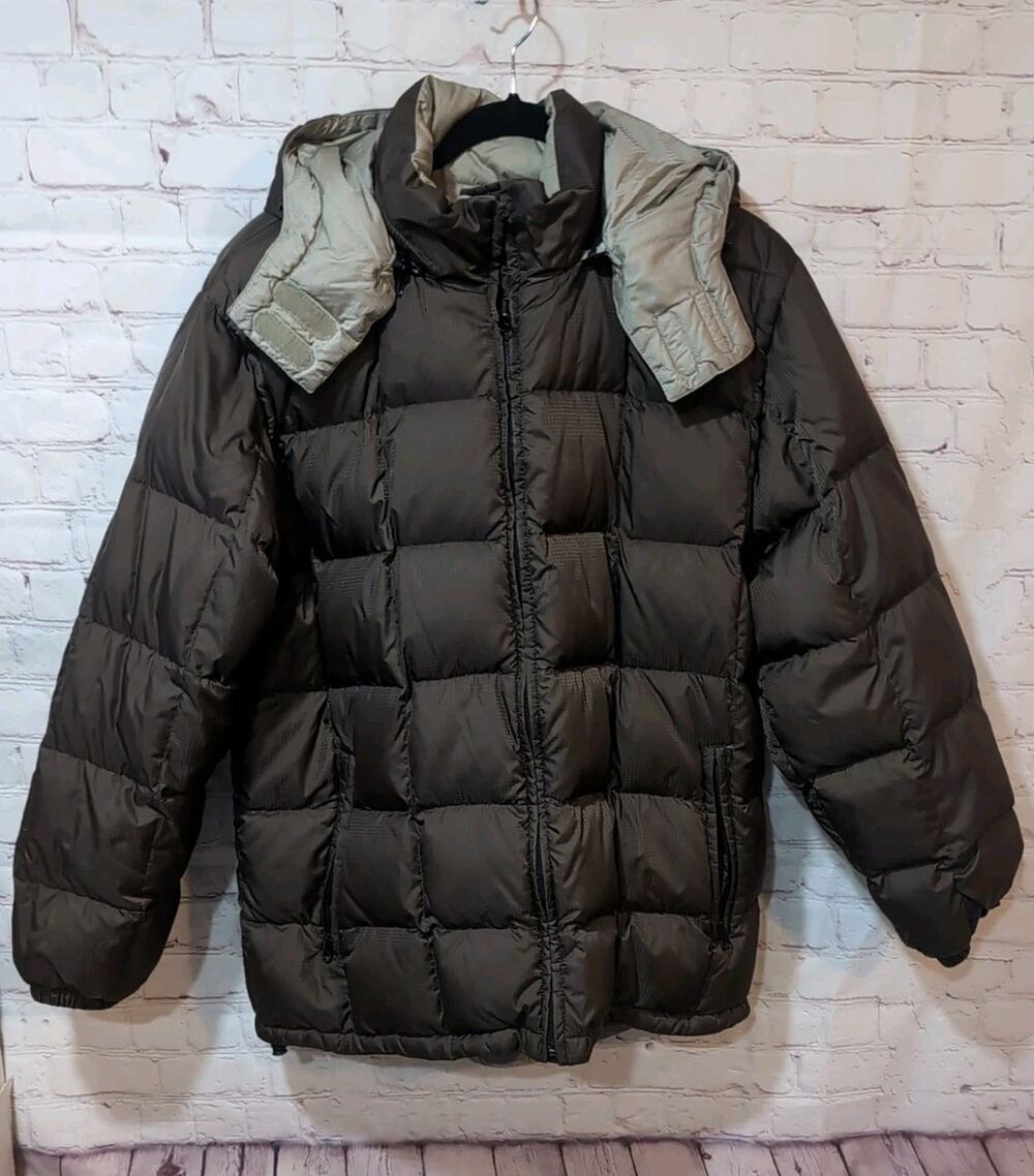 Lands’ End Women’s Reversible Down Puffer Jacket Large 14–16 Hooded Brown Gray